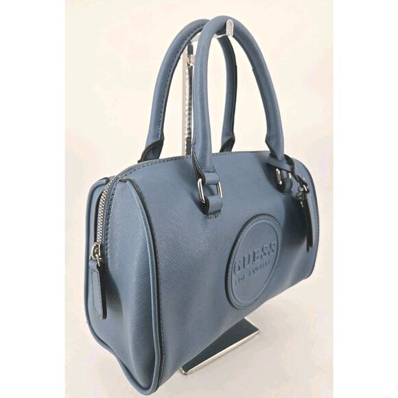 Guess Barrel Logo Patch Faux Leather Blue Denim Color Handbag - Picture 3 of 15